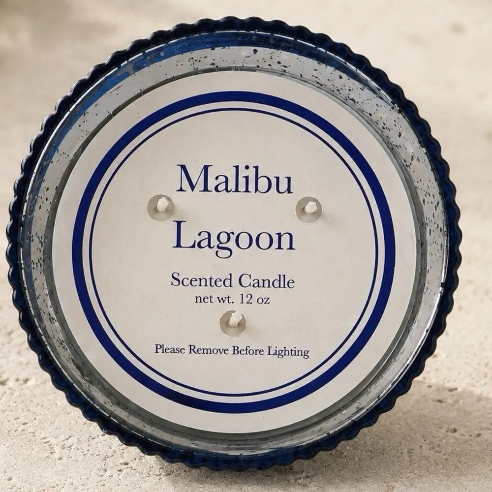 4 Malibu Lagoon Scented Candles 12 oz Triple Wick Blue Mercury Glass